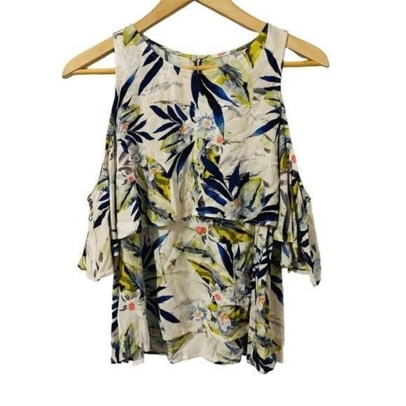Lush Tops - Lush Tropical Print CREAM/ROYAL Cold Shoulders Ruffled Size Medium
